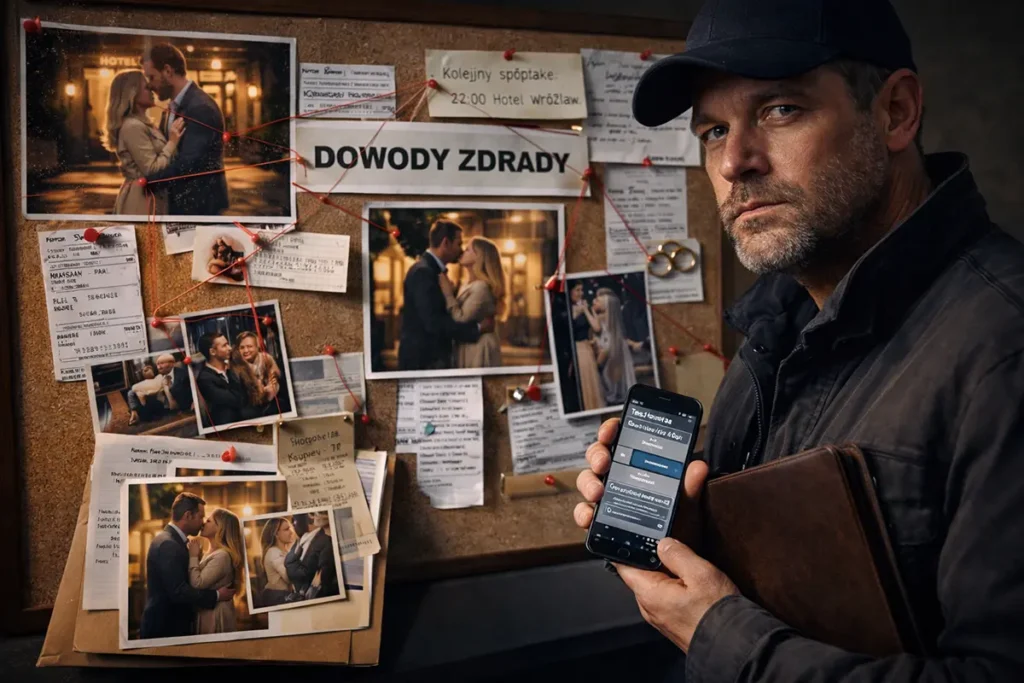 prywatny detektyw przed tablicą z dowodami zdrady