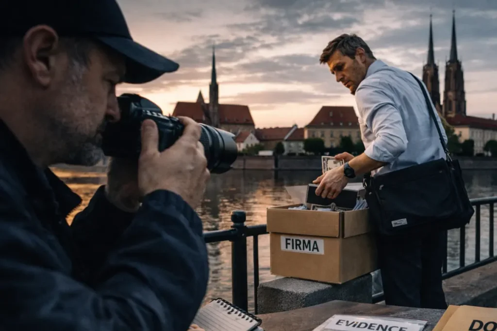 Detektyw podczas śledzenia podejrzanego pracownika firmy