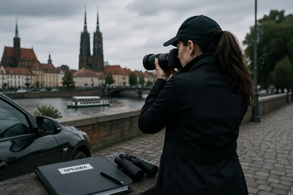 Detektyw z aparatem fotograficznym zbierająca dowody do sprawy rozwodowej.
