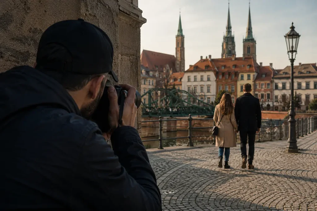 śledzenie przez detektywa we Wrocławiu spacerującej pary